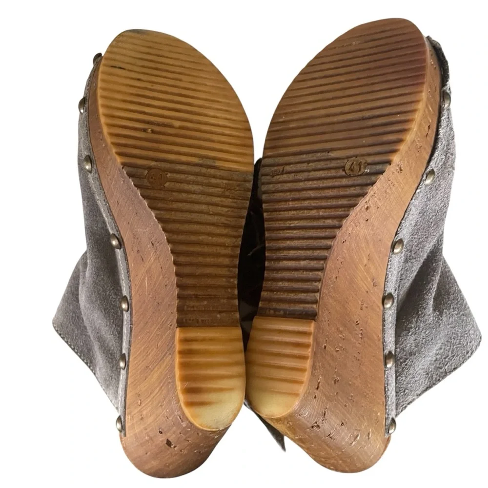 SBICCA Anthropologie Pitch Wedge Mules Heel Size 10 Women's Gray Suede Fringe - Picture 6 of 14